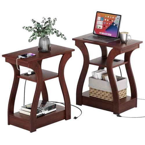 White End Table with Charging Station for Living Room and Bedroom Storage Shelf — Cherry