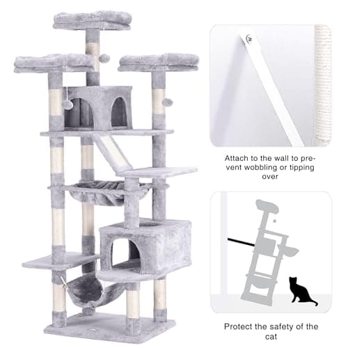 Heybly 73-Inch Cat Tree for Large Cats - Heavy Duty Indoor Condo with Plush Perch, Cozy Basket, and Scratching Posts in Light Gray