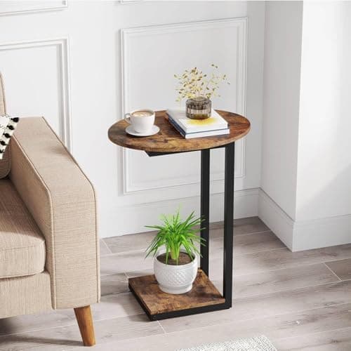 Rustic Brown C-Shaped Wood Side Table with Metal Frame