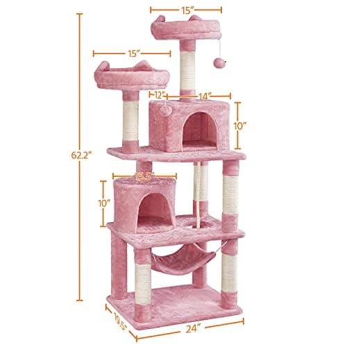 Yaheetech 62.2in Pink Cat Tower with Hammock, Condo & Scratching Posts