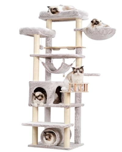 Smoky Gray 64" Tall Cat Tree with Tower, Condo, Food Station, Scratching Post & Hammock GCT021G — Muchroom
