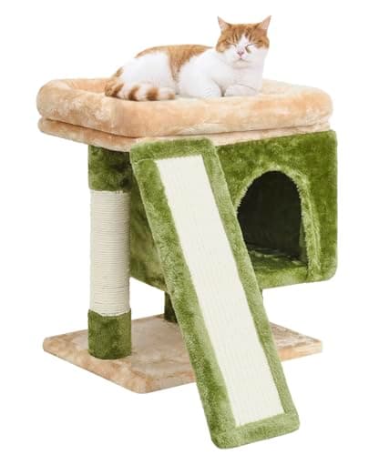 SYANDLVY Indoor Cat Tree for Large Adults with Scratching Post and Activity Tower (Smoky Grey) — Beige & Green