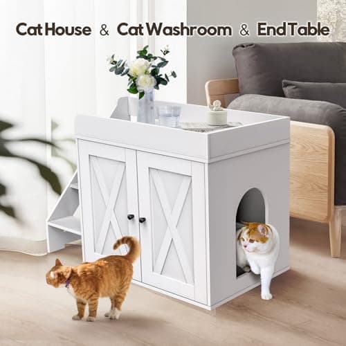 Cat Litter Box Enclosure, White Scratch-Resistant Multi-Functional Furniture & End Table-Easy Assembly