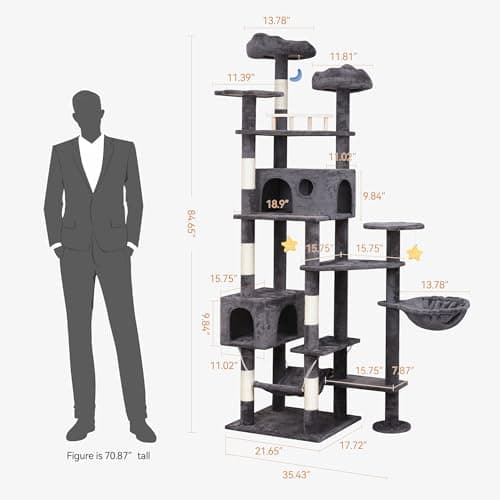 Giant Smoky Gray Cat Tree for Big Cats & Maine Coons, Tall Scratching Tower