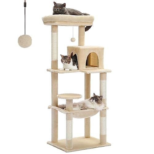 PETEPELA 56.3" Multi-Level Cat Tree with Scratch Posts, Condos, Hammock & Plush Perches Beige