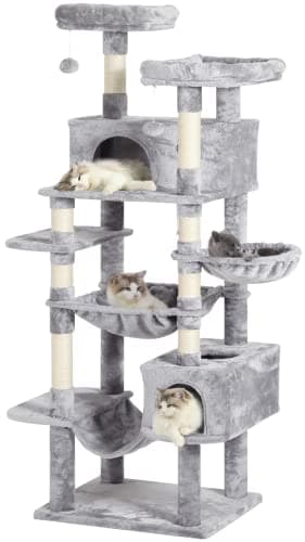 MSmask Cat Tree with Hammocks, Condo, Perches, Scratching Posts, Climbing Tree — Light Gray