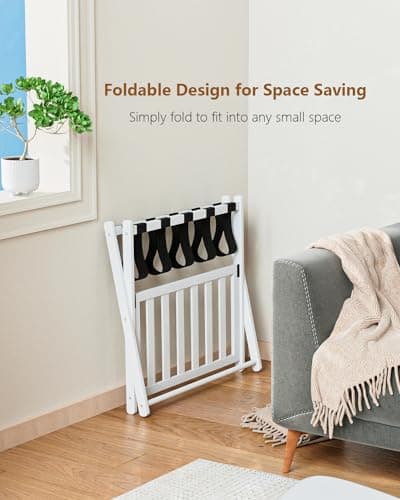 Bamboo Folding Luggage Rack with Magnetic Lock - White