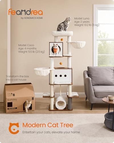 Feandrea 64.5-Inch Modern Cat Tree with 2 Caves, 2 Hammocks & 4 Scratching Posts RB UPCT167K01