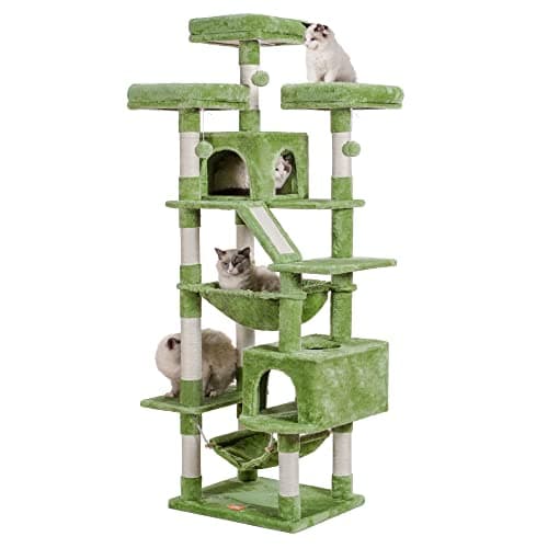 Heybly 73" Tall Smoky Gray Cat Tree for Large Cats, Heavy Duty Condo with Padded Perch and Scratching Posts — Green