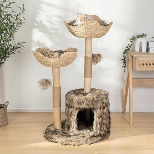 Tall Wooden Cat Tree for Large Cats 46" White with Scratcher. — Brown