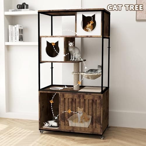 Large Wooden Cat Litter Box Enclosure with Tower, 45" Tall