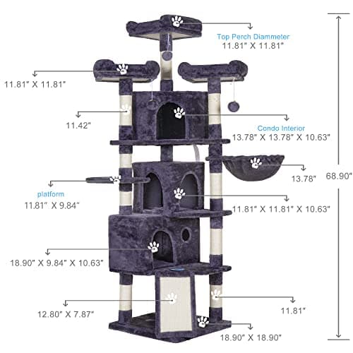Gray Hey-brother 67.7" Cat Tree with 3 Caves & Perches, Scratching Posts MPJ032-SG