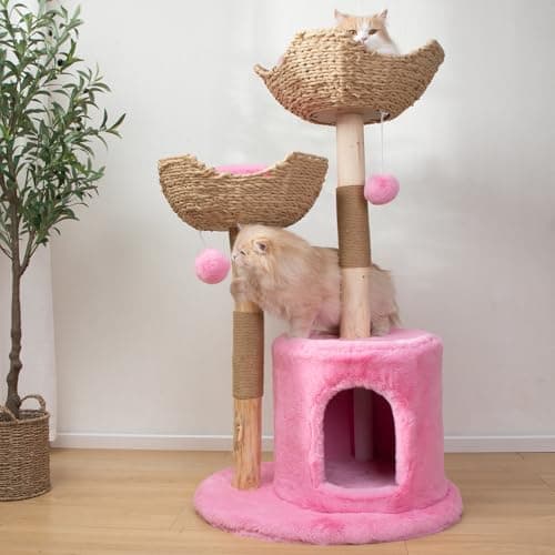 Tall Wooden Cat Tree for Large Cats 46" White with Scratcher. — Pink