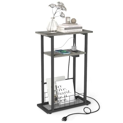 Rustic Brown 3-Tier Small Side Table for Living Room Spaces — Grey(with Charging Station)