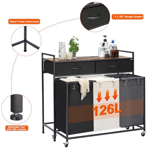 Heybly 126L Laundry Sorter with Rolling Bags and Storage Drawers - Rustic Brown