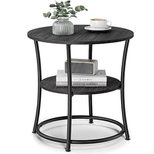 VASAGLE Round End Table with 2 Shelves for Living Room, Bedroom & Nightstand, Rustic Brown & Ink Black — Charcoal Gray + Ink Black