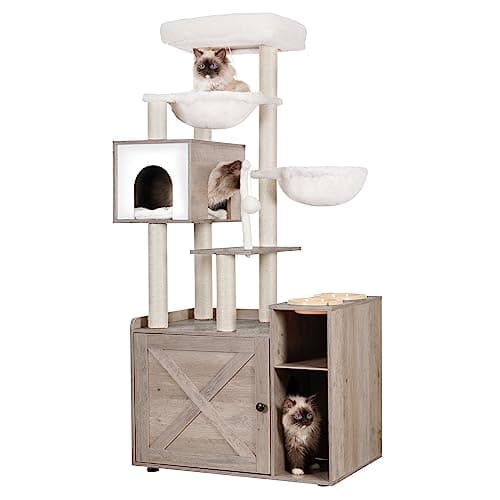 Hey-Brother Cat Tree with XL Litter Box, All-in-One Cat Tower, Modern Rustic Brown MPJ101SR — Rustic Gray