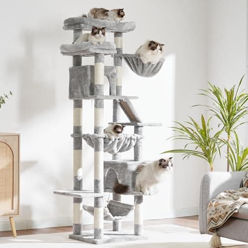 Heybly 71-Inch Tall Cat Tree for Indoor Cats - Light Gray with Perches, Condos, Hammocks, and Scratching Pad