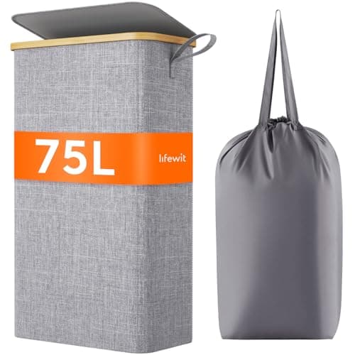 Lifewit 65L Slim Laundry Hamper with Lid & Bamboo Handles, Dark Gray — Gray