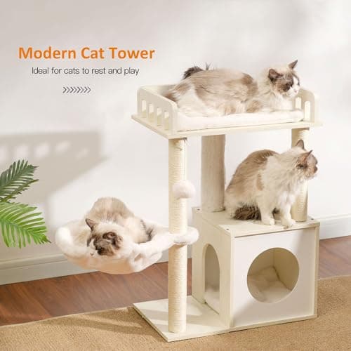 Heybly Modern Cat Tree for Indoor Cats with 3 Scratching Posts and Wood Cave, Plush Perch, and Basket, White HCT007SWT
Heybly Cat Tower with 3 Scratching Posts and Wood Cave for Cats, Plush Perch and Basket, White HCT007SWT
Heybly White Modern Cat Tr