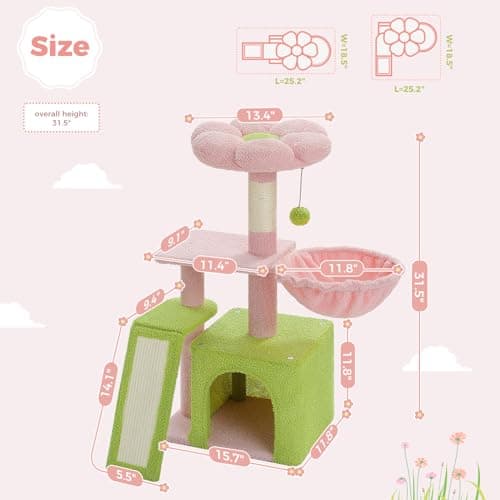 32 PETEPELA Pink Cat Tree for Indoor Cats with Scratching Ramp, Hammock, and Flower Bed Perch