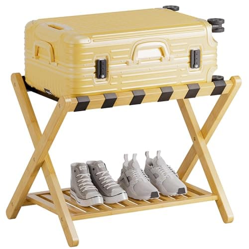 SMIBUY Natural Foldable Bamboo Luggage Rack with Storage Shelf
