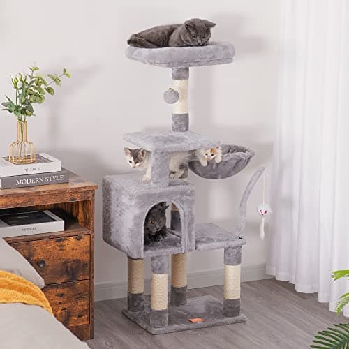 Heybly Cat Tree with Leaves Perches, Basket, Feeding Bowl