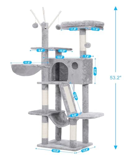 MPJ019-SW Hey-Brother Light Gray Cat Tree 53" Tower Padded Bed & Hammocks