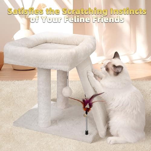 Beige TWDEPART Cat Tree with Scratching Post & Toy Balls