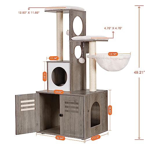 Heybly Wood Litter Box Enclosure & Cat Tree, Modern Style Cat Furniture