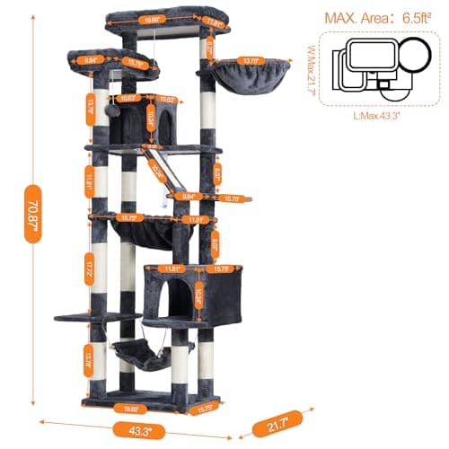 71-Inch Tall Cat Tree Tower with Multiple Features for Indoor Cats, Smoky Gray