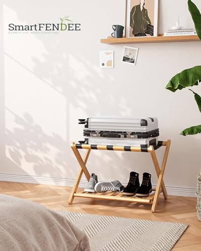 Fully Assembled Bamboo Luggage Stand with Storage, 5 Nylon Straps, Heavy Duty, Natural