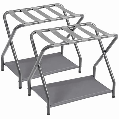Folding Luggage Rack Set of 2 for Guests, Metal with Storage Shelf, Bronze. — Grey