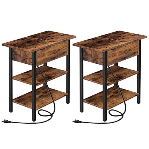 HOOBRO Black Narrow Nightstand with Charging Station BK341BZ01 — Rustic Brown + Black