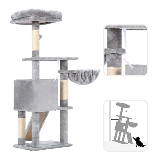 Light Gray MPJ007SW Plush 42.5-Inch Cat Tower with Scratching Post & Hanging Ball