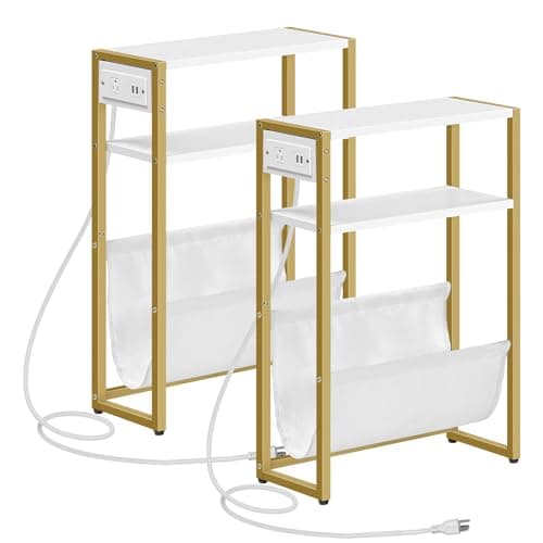 HOOBRO Rustic Brown & Black 3-Tier Charging End Table, BF103UBZ01 — White + Gold