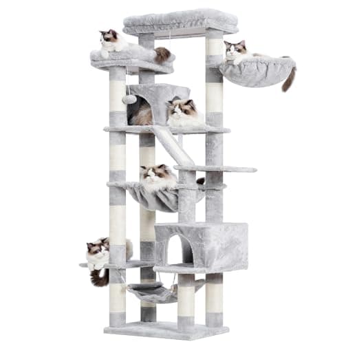 71-Inch Tall Cat Tree Tower with Multiple Features for Indoor Cats, Smoky Gray — Light Gary