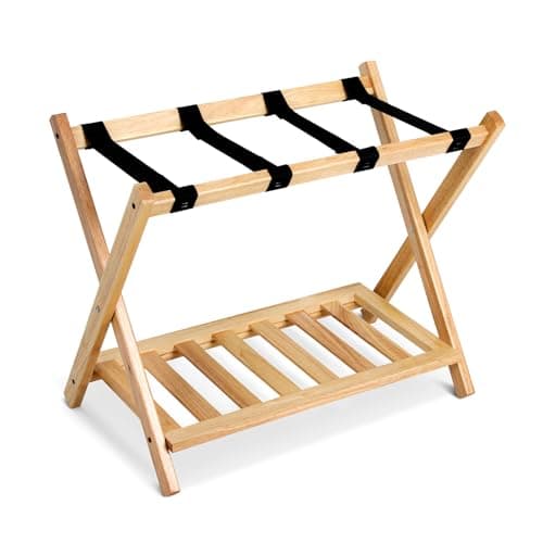 Babion 2-Tier Foldable Luggage Rack with Shelf,Heavy Duty Nylon Belts, 4 Pack — 1 Pack Natural with Wood Rack