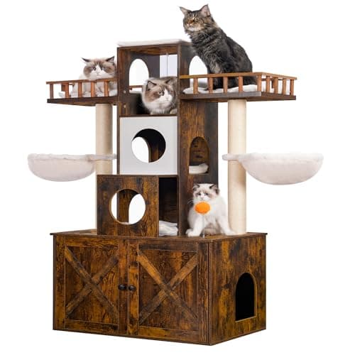 Modern Cat Tree with Litter Box Enclosure for Big Cats — Rustic Brown
