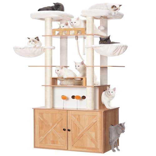 Heybly All-in-One Cat Condo with Litter Box Enclosure, Scratching Posts, and Large Platform for Big Cats - Rustic Gray HCT112SG — Walnut
