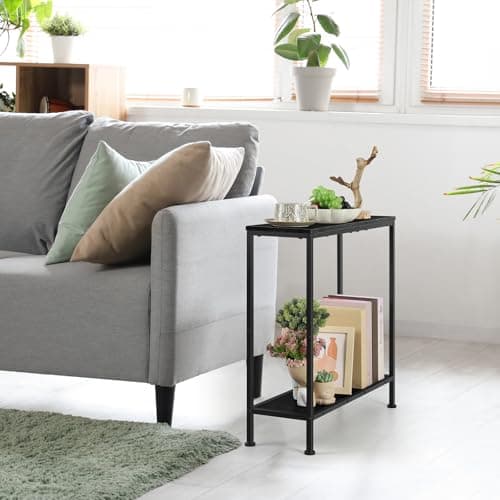 OYEAL Black Narrow Side Table with Cup Holder and Storage Shelf