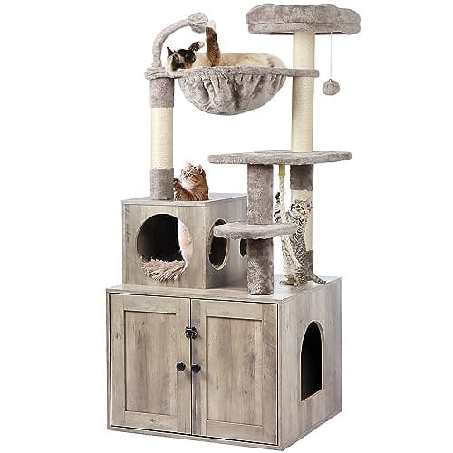 2-in-1 Cat Tower with Litter Box Enclosure and Large Furniture, Rustic Brown — Grey