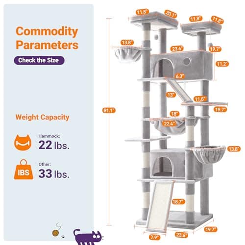 Allewie 81" Tall Multi-Level Cat Tree with Condo, Hammock & Scratching Post, Grey