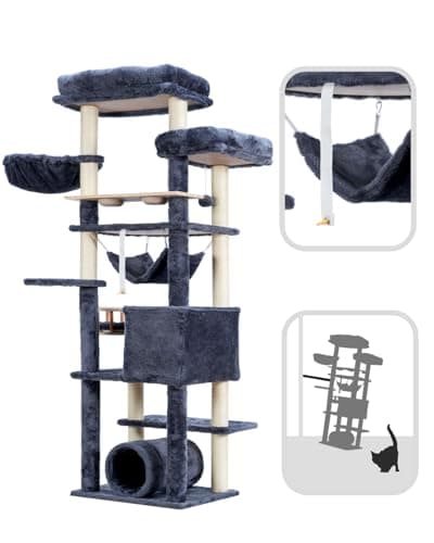 Smoky Gray 64" Tall Cat Tree with Tower, Condo, Food Station, Scratching Post & Hammock GCT021G