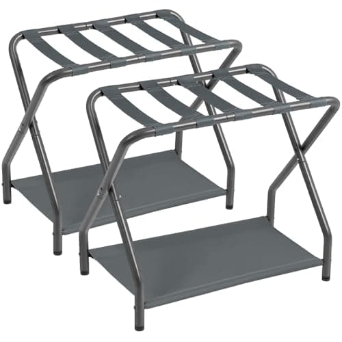 Folding Luggage Rack Set of 2 for Guests, Metal with Storage Shelf, Bronze. — Dark Grey