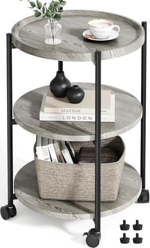 Modern 3-Tier Side Table with Wheels, Black, for Living Room or Bedroom — Grey