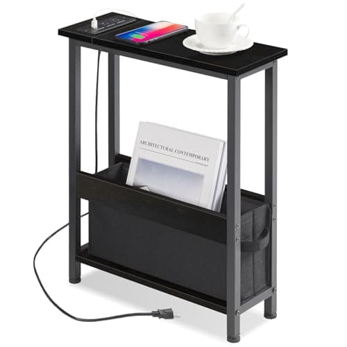 Slim Charging End Table with Storage for Small Spaces and Bedrooms — Black