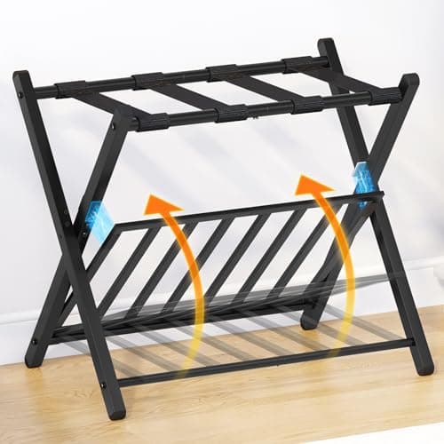 Black Foldable Luggage Rack for Guest Room, 150 lb Capacity, Magnetic Lock, Steel Shelf
