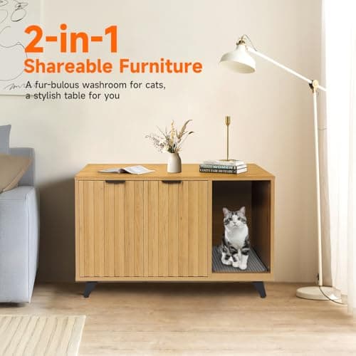 Modern Cat Litter Box Enclosure with Scratching Pad & Natural Oak Legs