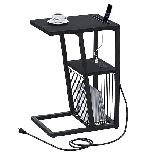 C Shape Side Table with Charging Station and Phone Holder for Small Spaces